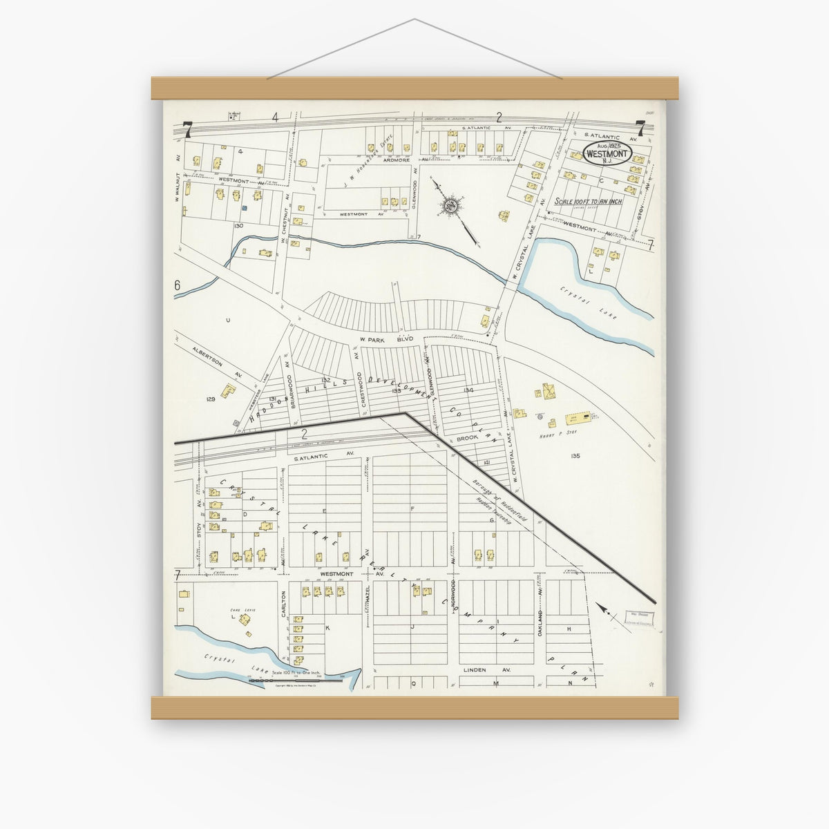 Old map wall art mockup — magnetic wood frame on white wall — Sanborn Fire Insurance Map from Westmont, Camden County, New Jersey (1925), Sheet #0007