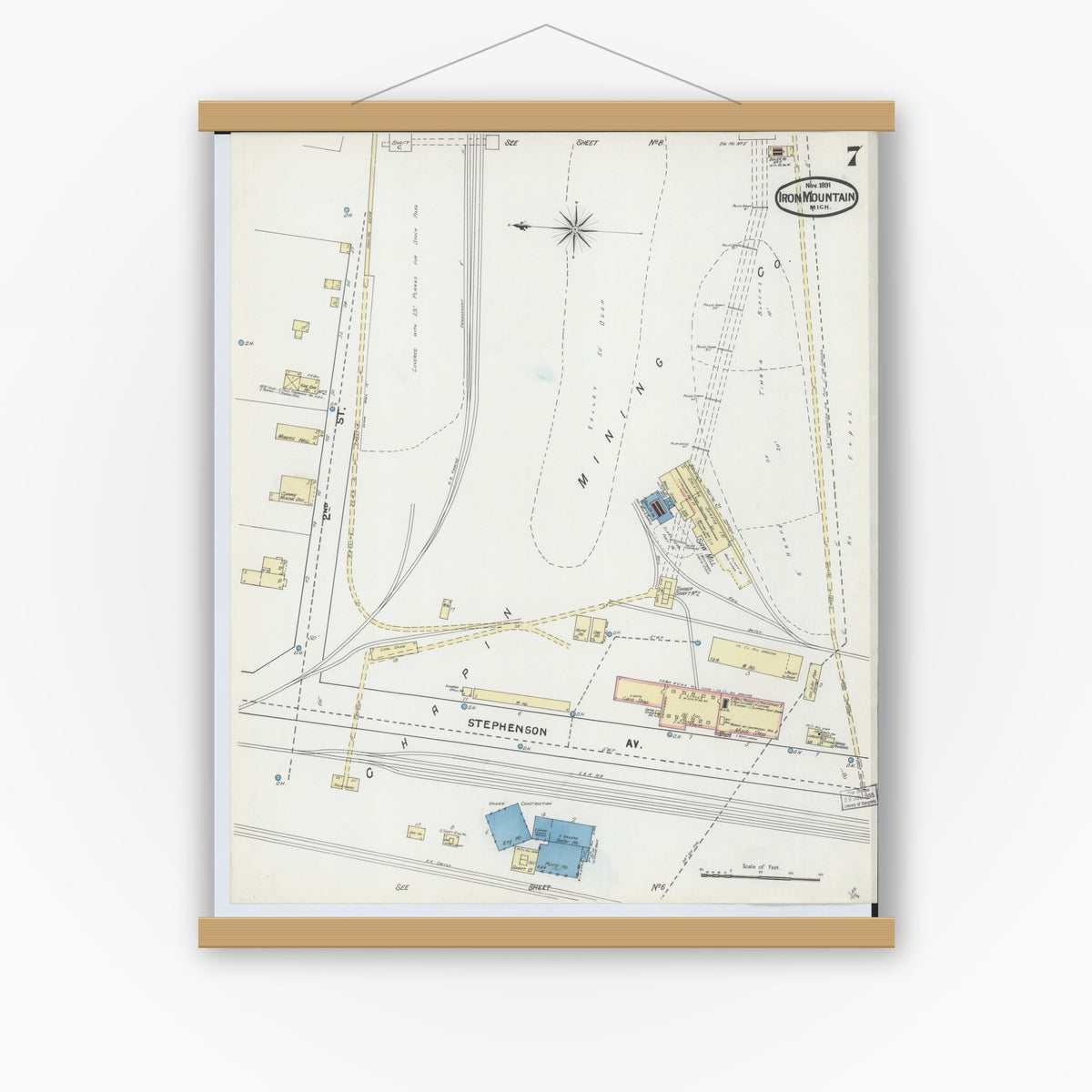 Old map wall art mockup — magnetic wood frame on white wall — Sanborn Fire Insurance Map from Iron Mountain, Dickinson County, Michigan (1891), Sheet #0007