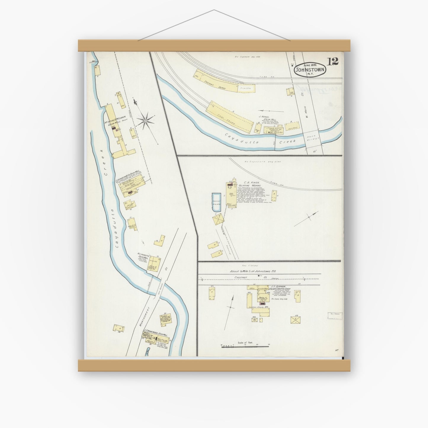 Old map wall art mockup — magnetic wood frame on white wall — Sanborn Fire Insurance Map from Johnstown, Fulton County, New York (1892), Sheet #0012