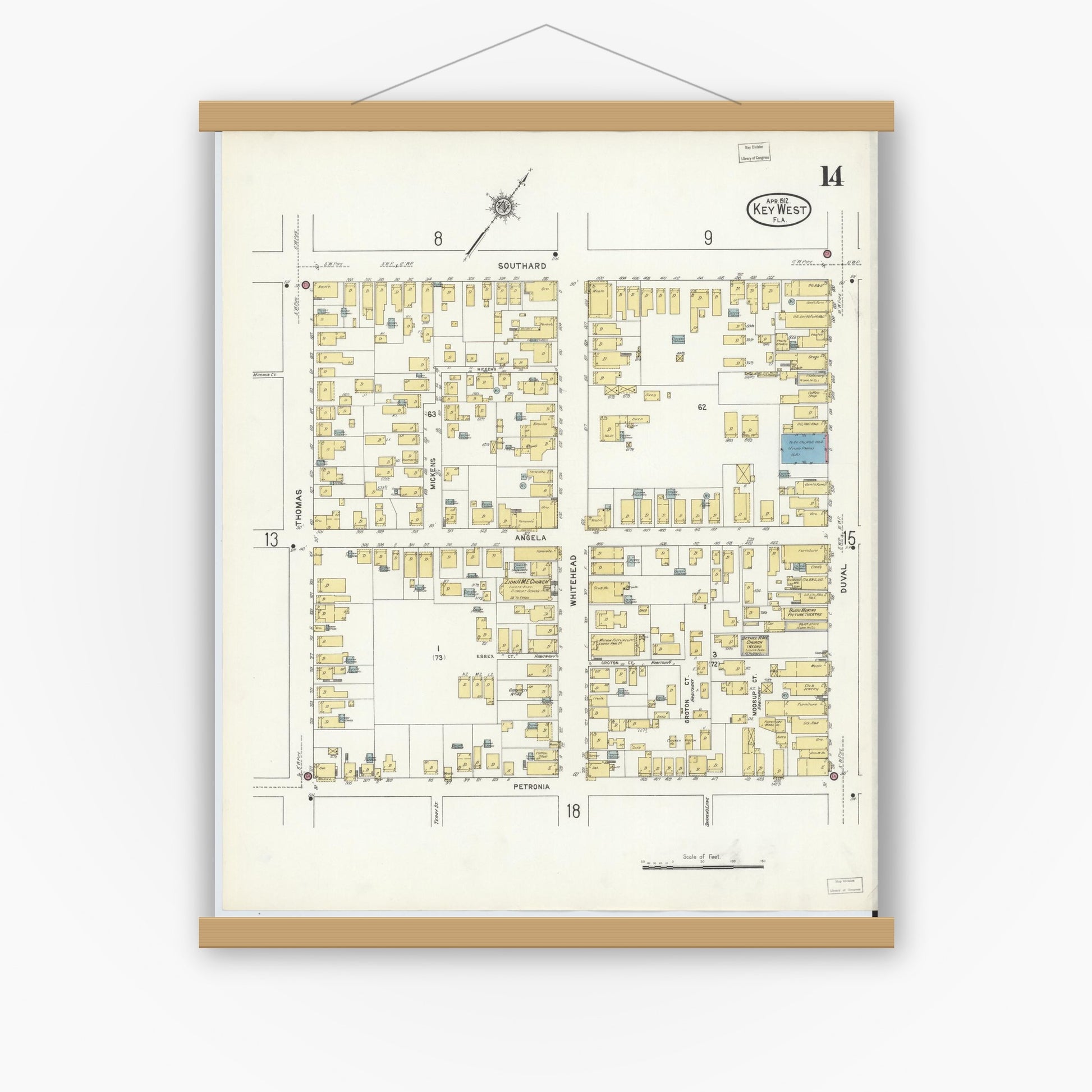 Old map wall art mockup — magnetic wood frame on white wall — Sanborn Fire Insurance Map from Key West, Monroe County, Florida (1912), Sheet #0014