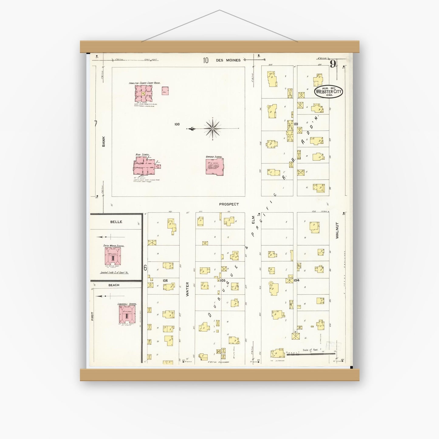 Old map wall art mockup — magnetic wood frame on white wall — Sanborn Fire Insurance Map from Webster City, Hamilton County, Iowa (1907), Sheet #0009