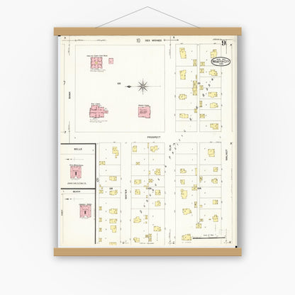 Old map wall art mockup — magnetic wood frame on white wall — Sanborn Fire Insurance Map from Webster City, Hamilton County, Iowa (1907), Sheet #0009