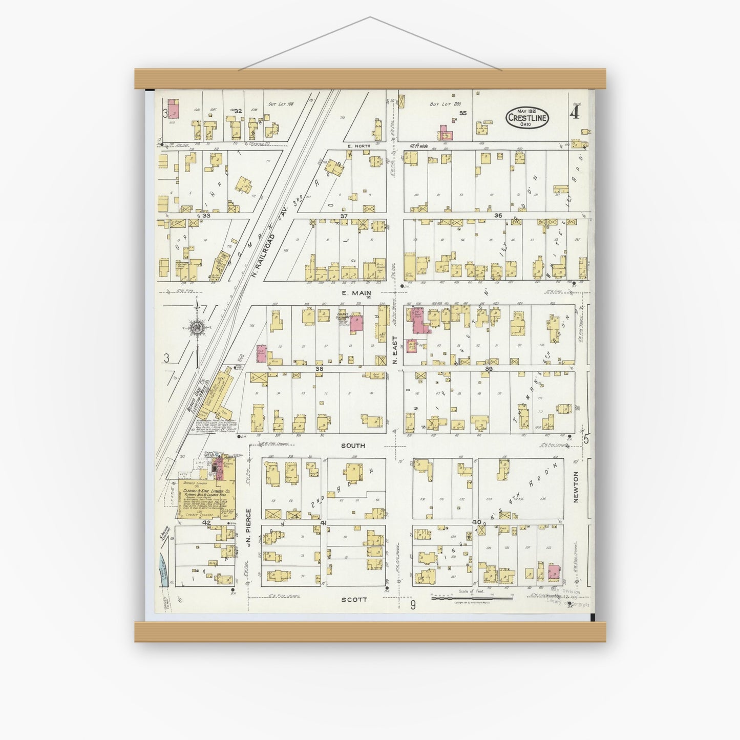 Old map wall art mockup — magnetic wood frame on white wall — Sanborn Fire Insurance Map from Crestline, Crawford County, Ohio (1921), Sheet #0004