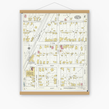 Old map wall art mockup — magnetic wood frame on white wall — Sanborn Fire Insurance Map from Crestline, Crawford County, Ohio (1921), Sheet #0004