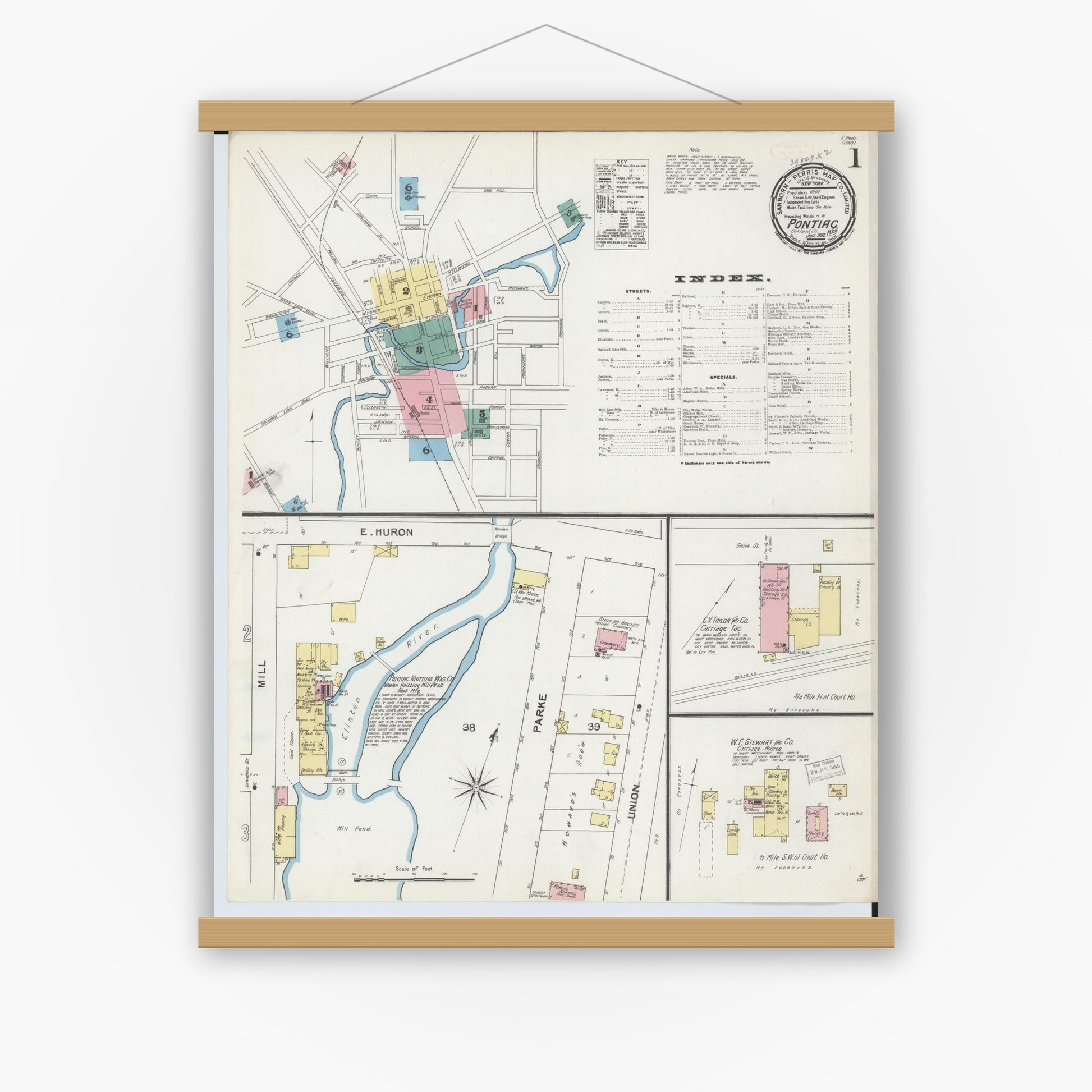 Old map wall art mockup — magnetic wood frame on white wall — Sanborn Fire Insurance Map from Pontiac, Oakland County, Michigan (1892) - Complete Map Set