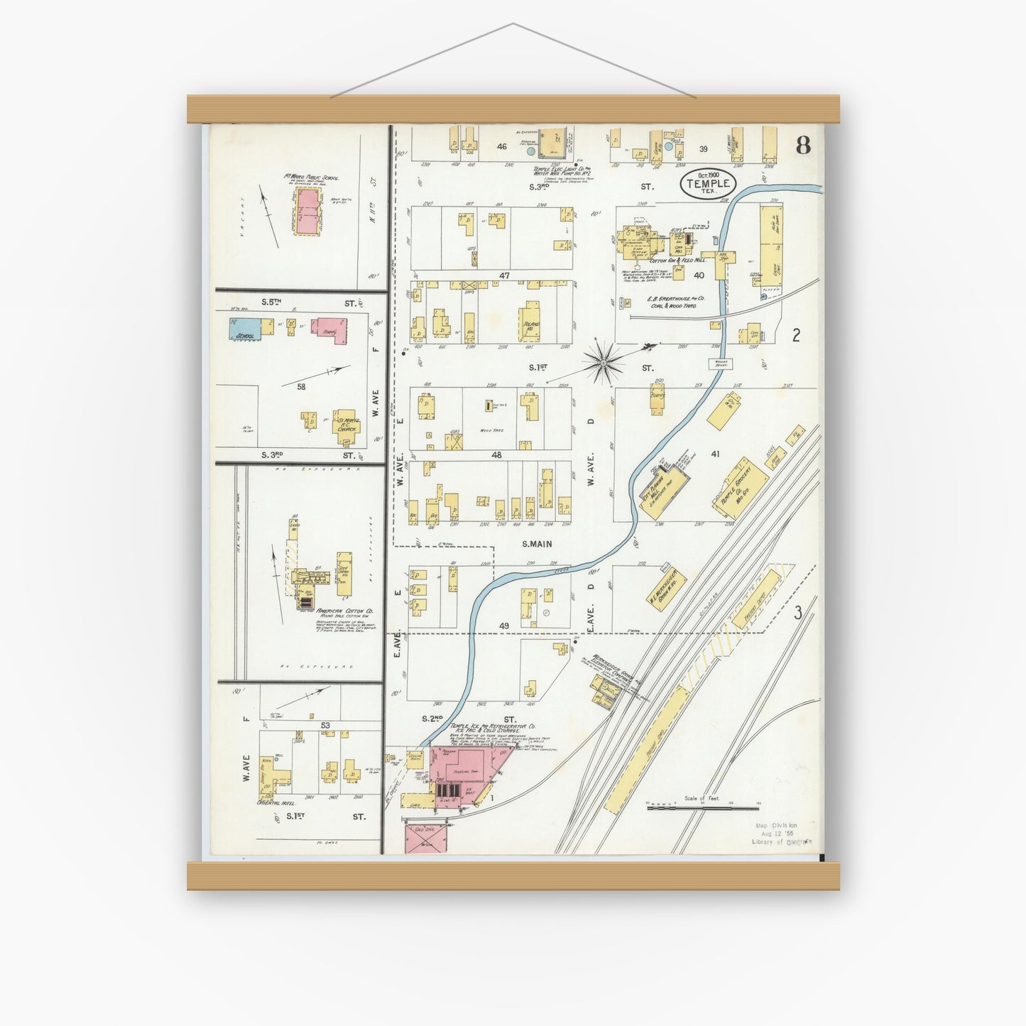 Old map wall art mockup — magnetic wood frame on white wall — Sanborn Fire Insurance Map from Temple, Bell County, Texas (1900), Sheet #0008