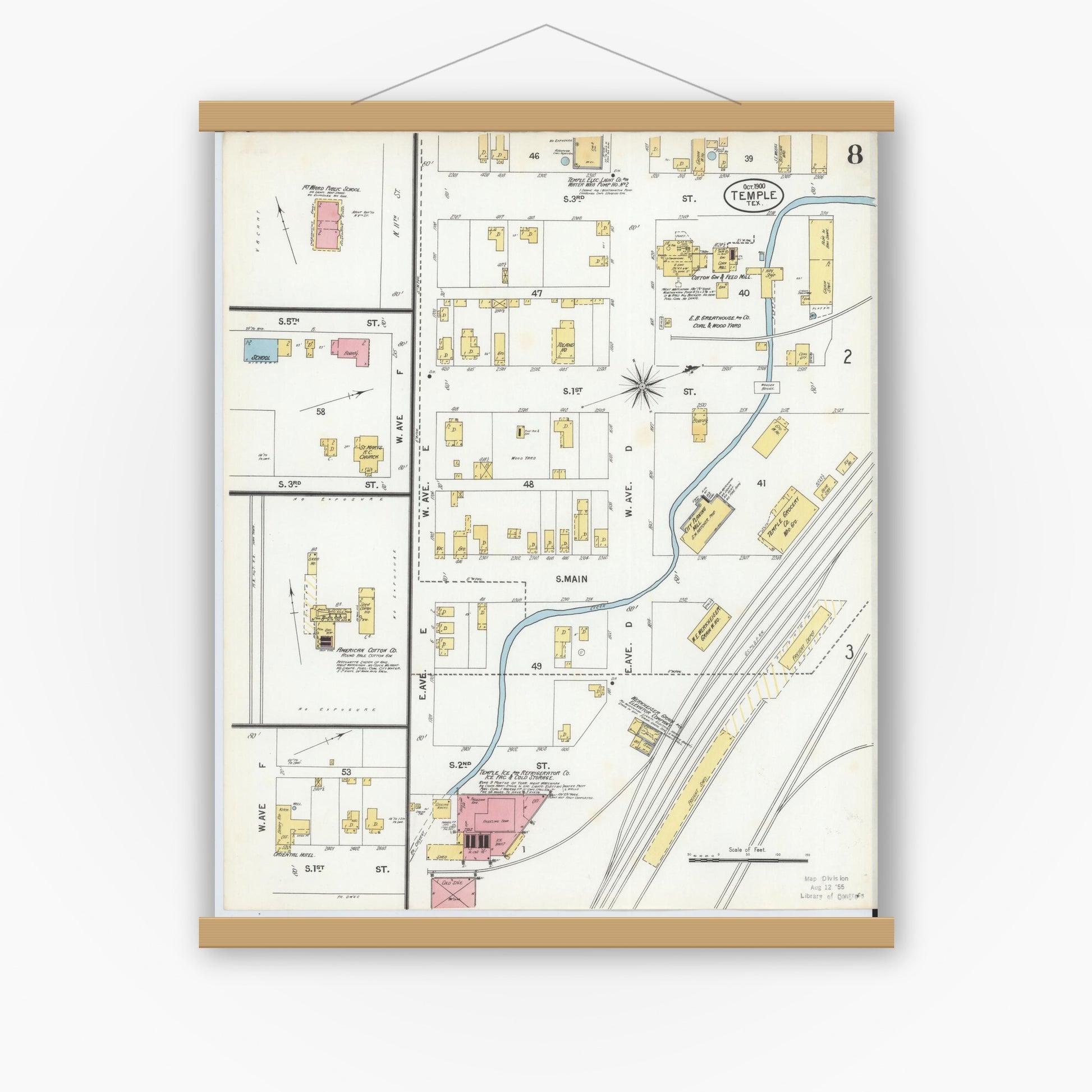Old map wall art mockup — magnetic wood frame on white wall — Sanborn Fire Insurance Map from Temple, Bell County, Texas (1900), Sheet #0008