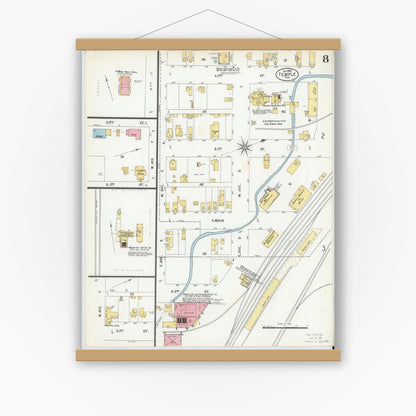 Old map wall art mockup — magnetic wood frame on white wall — Sanborn Fire Insurance Map from Temple, Bell County, Texas (1900), Sheet #0008