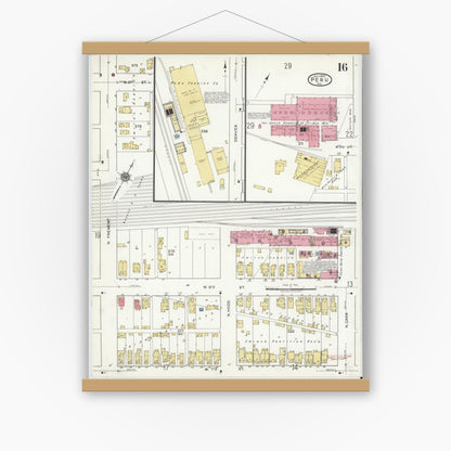 Old map wall art mockup — magnetic wood frame on white wall — Sanborn Fire Insurance Map from Peru, Miami County, Indiana (1920), Sheet #0016