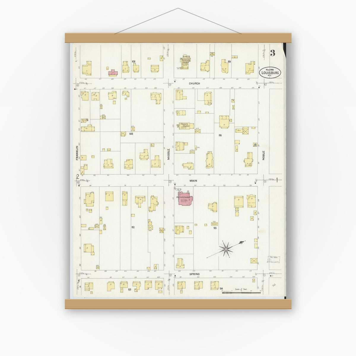 Old map wall art mockup — magnetic wood frame on white wall — Sanborn Fire Insurance Map from Louisburg, Franklin County, North Carolina (1908), Sheet #0003