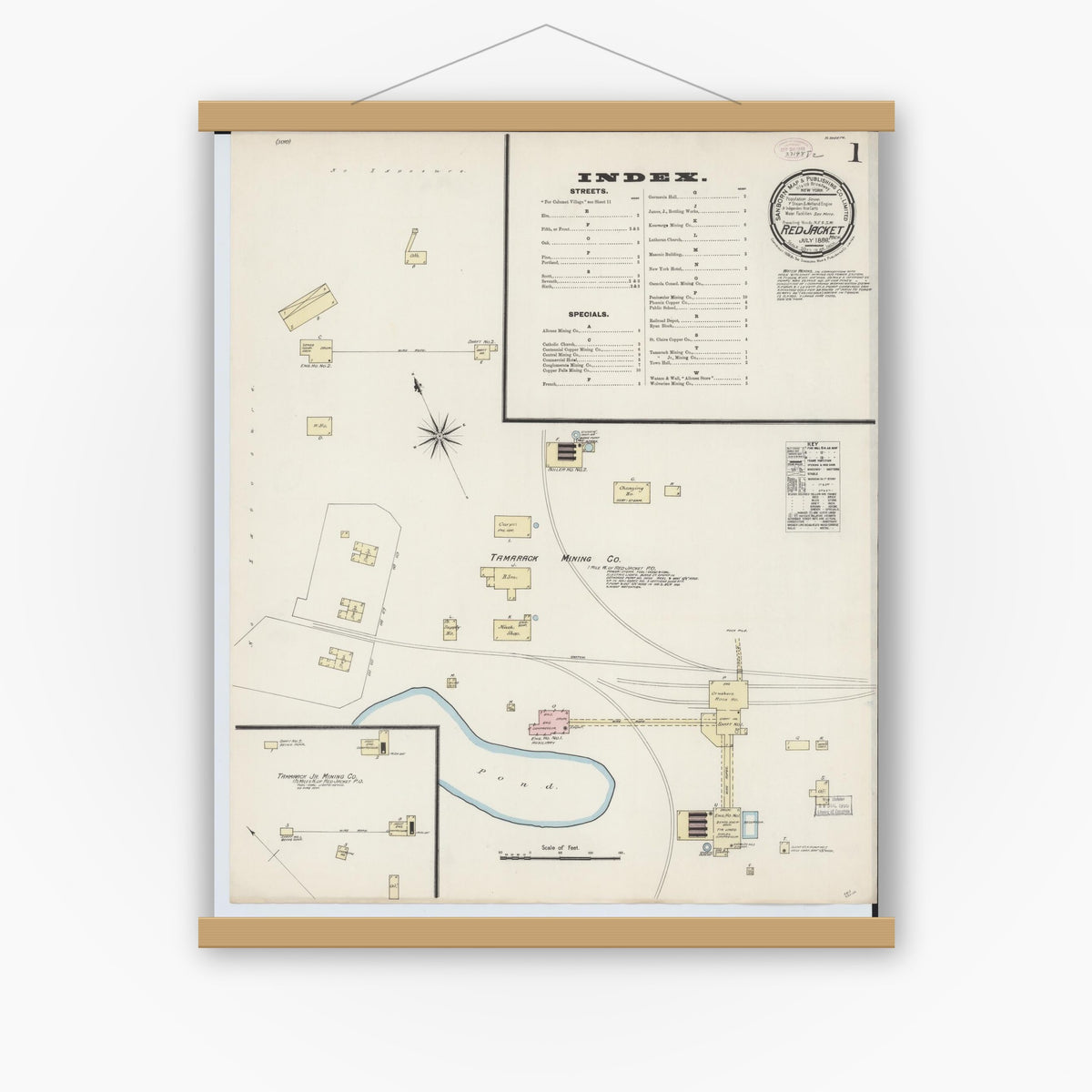 Old map wall art mockup — magnetic wood frame on white wall — Sanborn Fire Insurance Map from Red Jacket, Houghton County, Michigan (1888), Sheet #0001