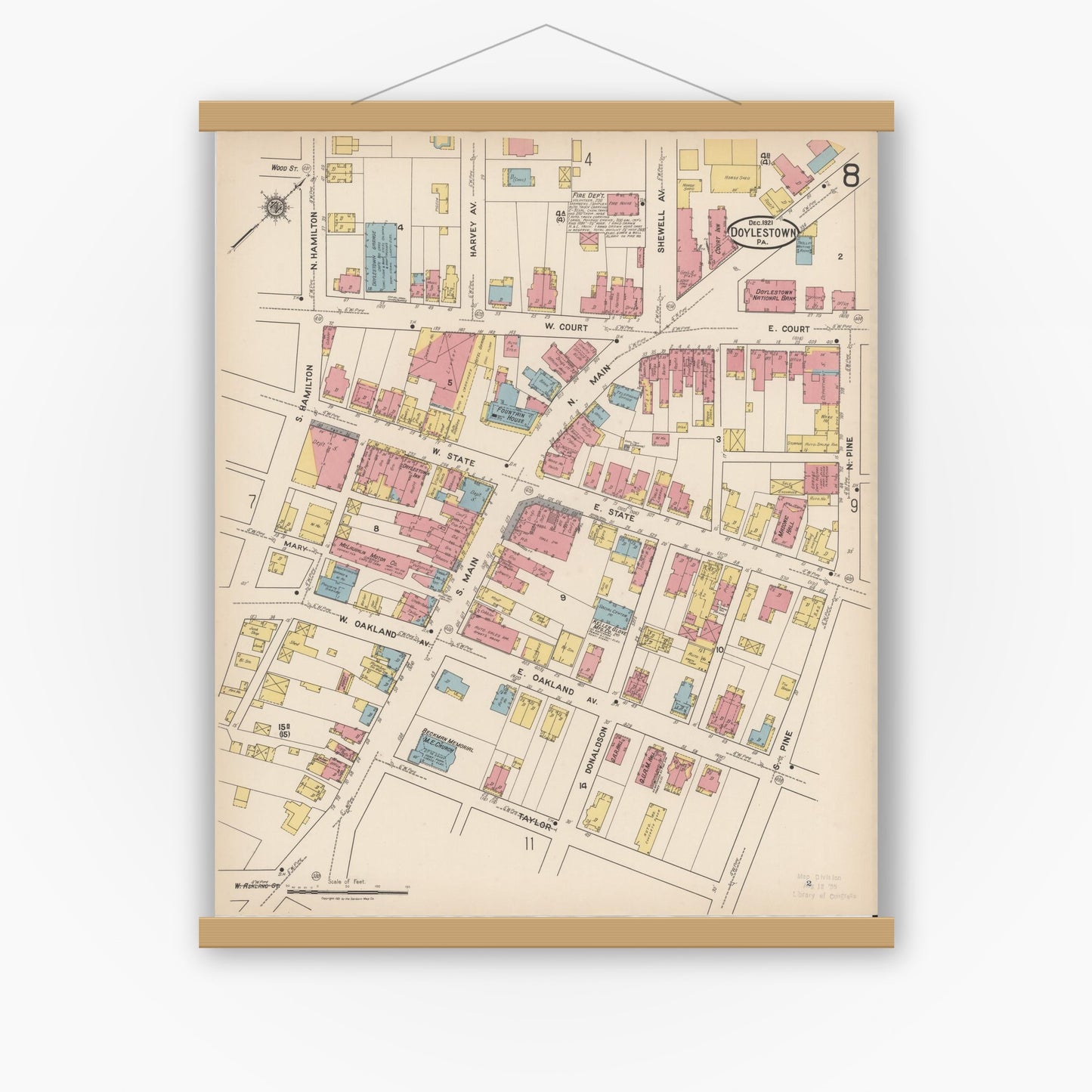 Old map wall art mockup — magnetic wood frame on white wall — Sanborn Fire Insurance Map from Doylestown, Bucks County, Pennsylvania (1922), Sheet #0008