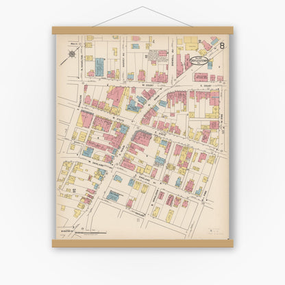 Old map wall art mockup — magnetic wood frame on white wall — Sanborn Fire Insurance Map from Doylestown, Bucks County, Pennsylvania (1922), Sheet #0008