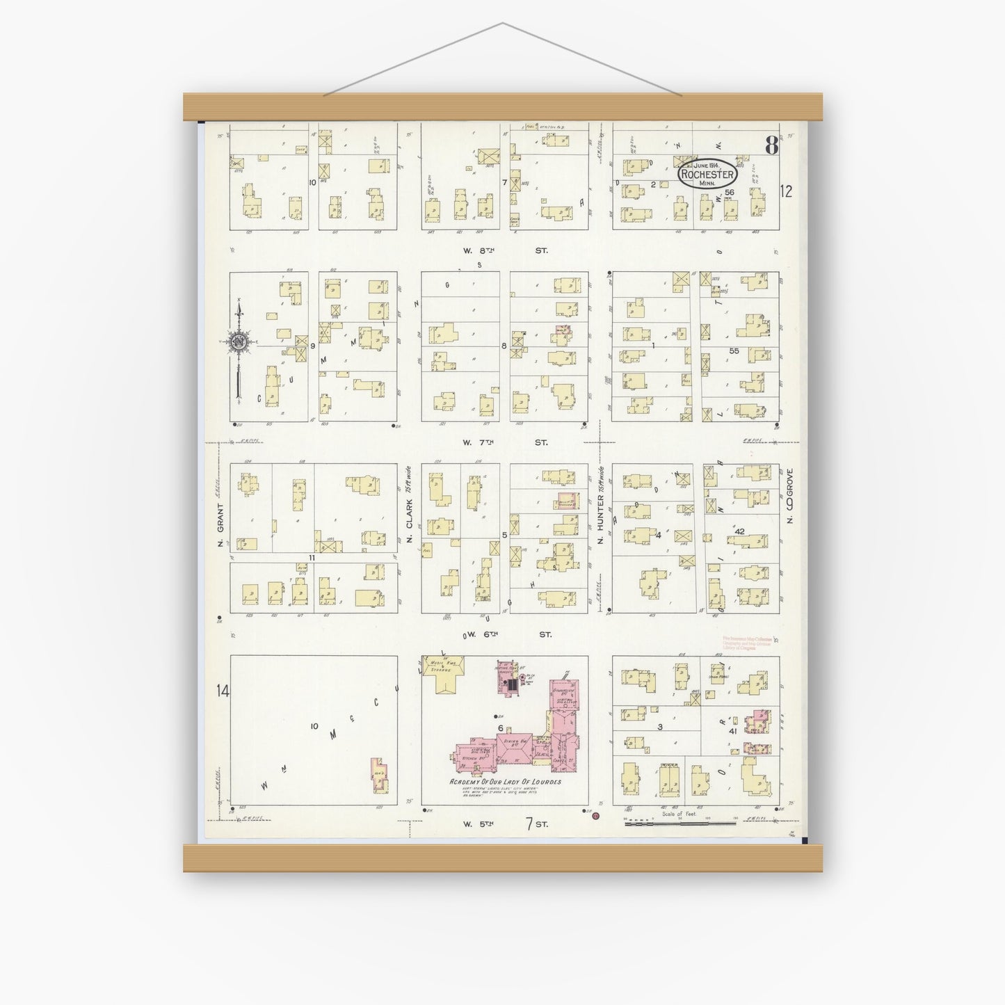 Old map wall art mockup — magnetic wood frame on white wall — Sanborn Fire Insurance Map from Rochester, Olmsted County, Minnesota (1914), Sheet #0008