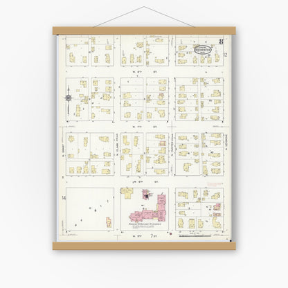 Old map wall art mockup — magnetic wood frame on white wall — Sanborn Fire Insurance Map from Rochester, Olmsted County, Minnesota (1914), Sheet #0008