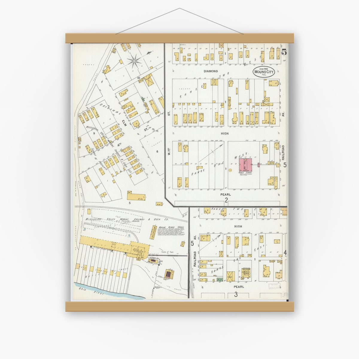 Old map wall art mockup — magnetic wood frame on white wall — Sanborn Fire Insurance Map from Mound City, Pulaski County, Illinois (1900), Sheet #0005