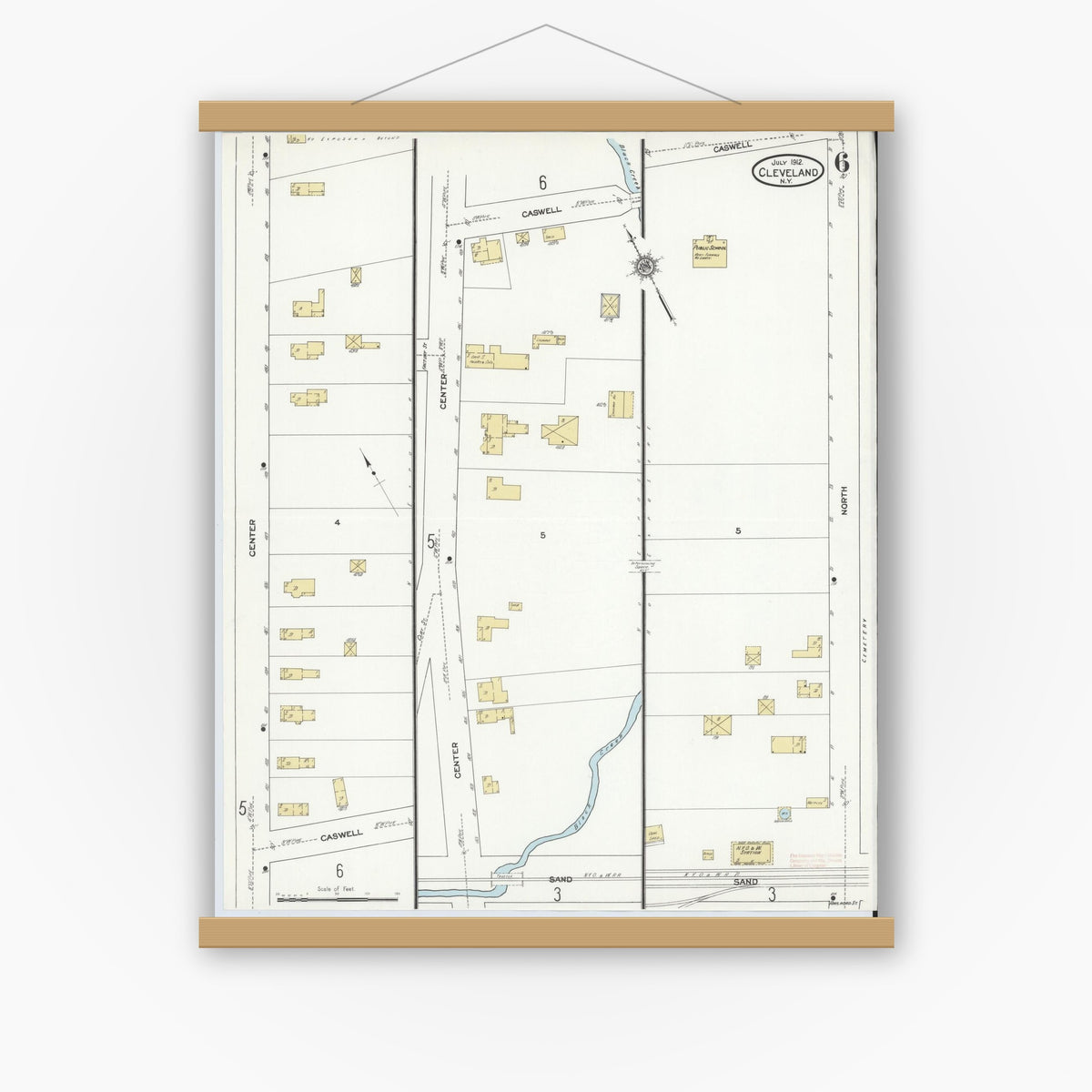 Old map wall art mockup — magnetic wood frame on white wall — Sanborn Fire Insurance Map from Cleveland, Oswego County, New York (1912), Sheet #0006