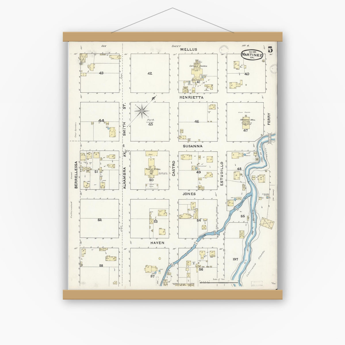 Old map wall art mockup — magnetic wood frame on white wall — Sanborn Fire Insurance Map from Martinez, Contra Costa County, California (1891), Sheet #0005
