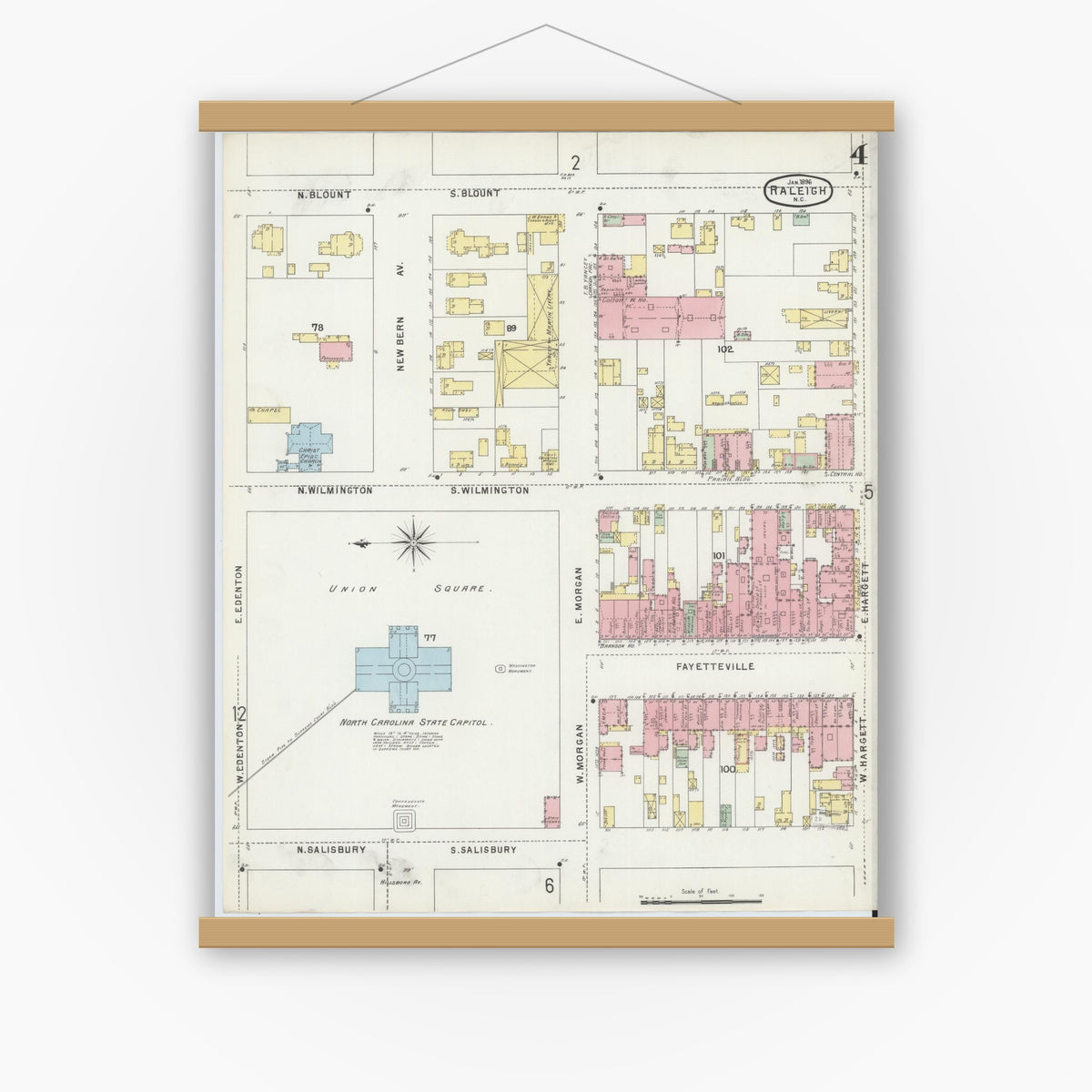 Old map wall art mockup — magnetic wood frame on white wall — Sanborn Fire Insurance Map from Raleigh, Wake County, North Carolina (1896), Sheet #0004