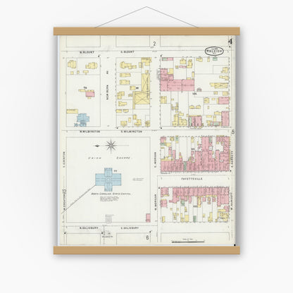 Old map wall art mockup — magnetic wood frame on white wall — Sanborn Fire Insurance Map from Raleigh, Wake County, North Carolina (1896), Sheet #0004