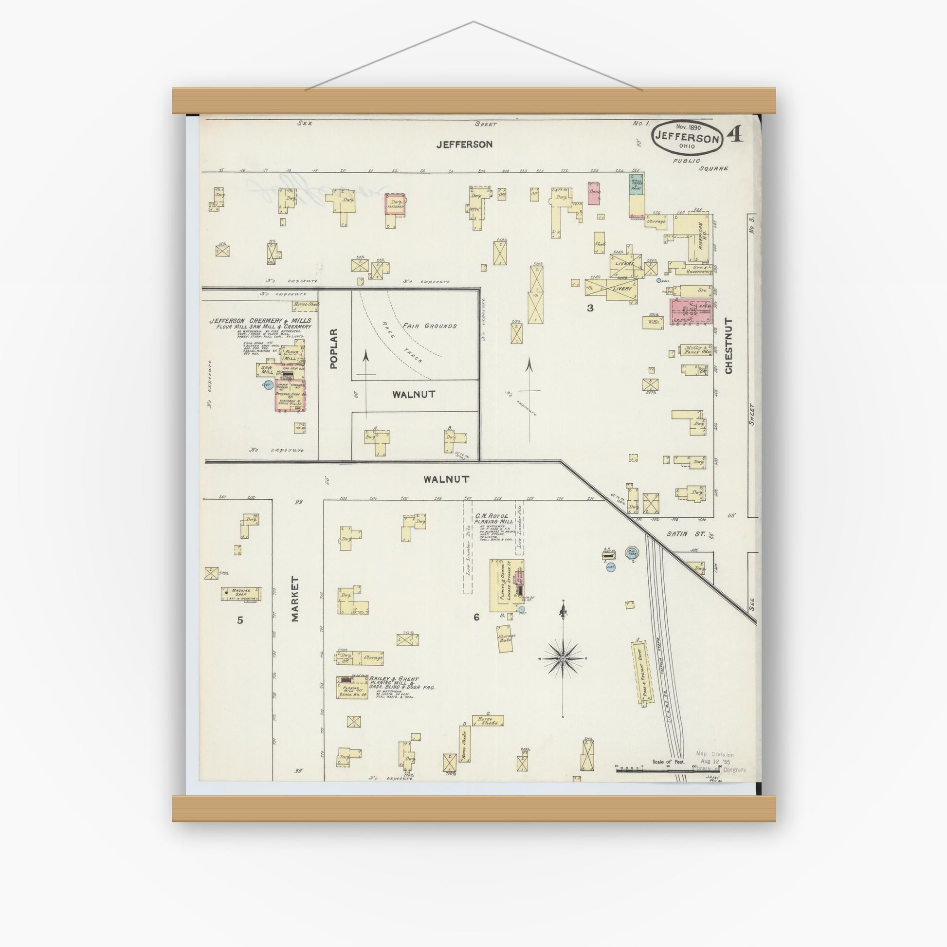 Old map wall art mockup — magnetic wood frame on white wall — Sanborn Fire Insurance Map from Jefferson, Ashtabula County, Ohio (1890), Sheet #0004