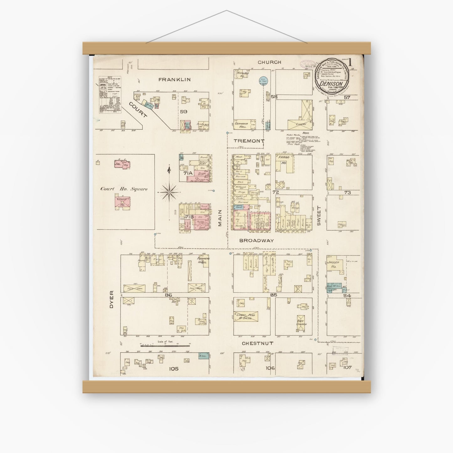 Old map wall art mockup — magnetic wood frame on white wall — Sanborn Fire Insurance Map from Denison, Crawford County, Iowa (1886), Sheet #0001