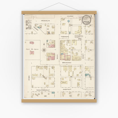 Old map wall art mockup — magnetic wood frame on white wall — Sanborn Fire Insurance Map from Denison, Crawford County, Iowa (1886), Sheet #0001