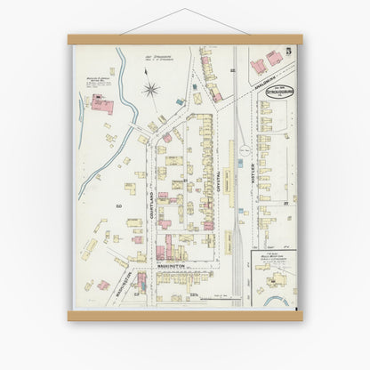 Old map wall art mockup — magnetic wood frame on white wall — Sanborn Fire Insurance Map from Stroudsburg, Monroe County, Pennsylvania (1892), Sheet #0005