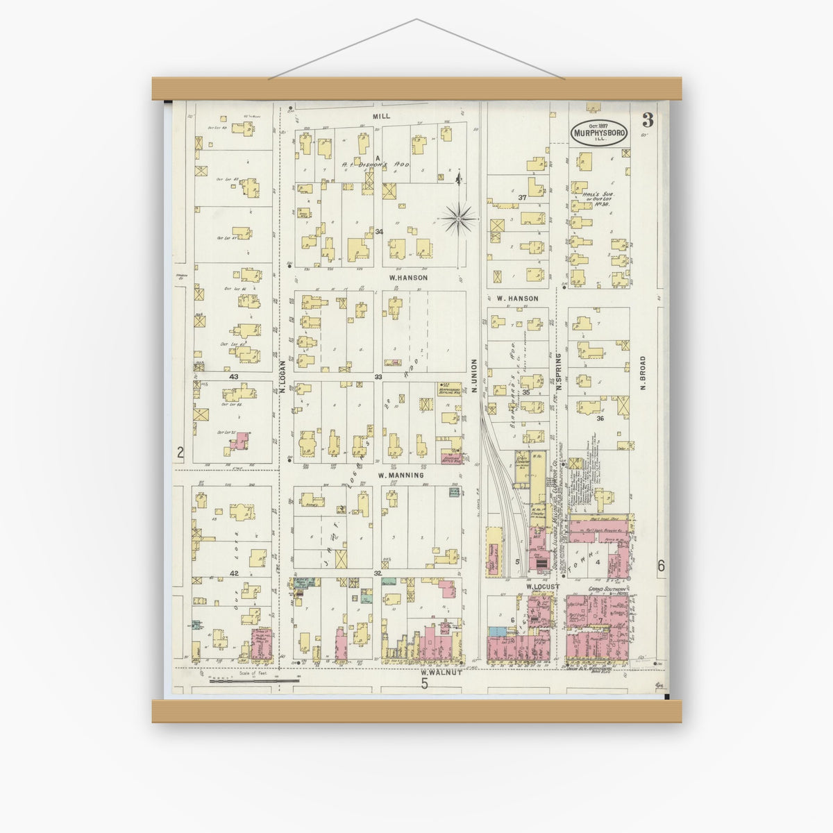 Old map wall art mockup — magnetic wood frame on white wall — Sanborn Fire Insurance Map from Murphysboro, Jackson County, Illinois (1897), Sheet #0003