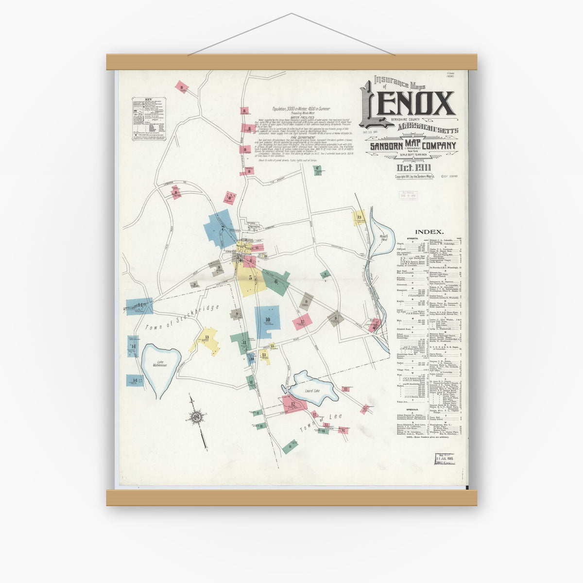 Old map wall art mockup — magnetic wood frame on white wall — Sanborn Fire Insurance Map from Lenox, Berkshire County, Massachusetts (1911) - Complete Map Set