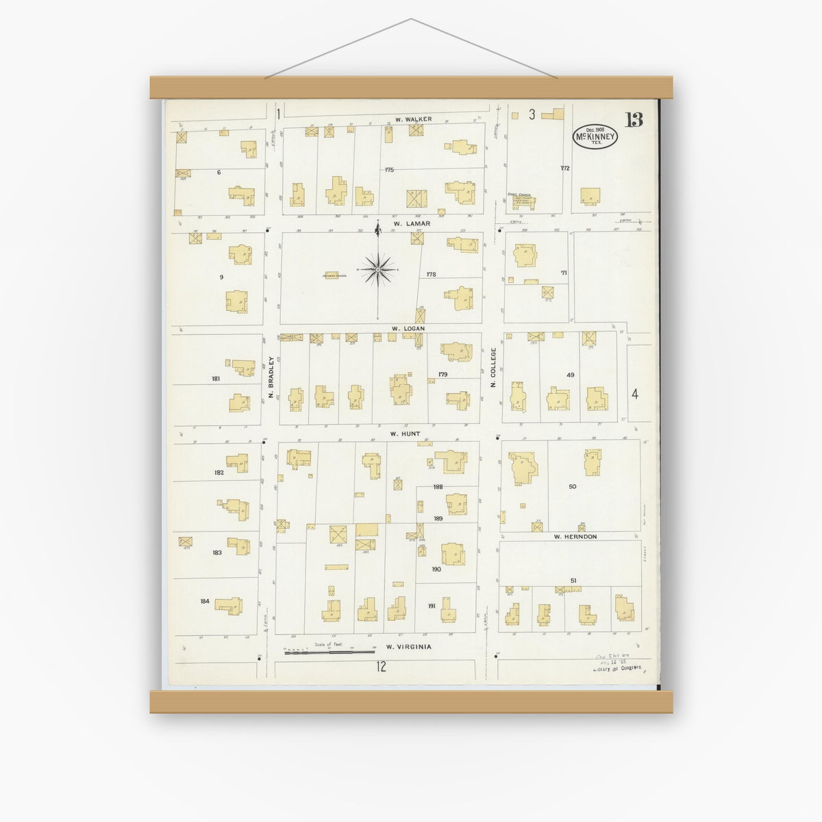 Old map wall art mockup — magnetic wood frame on white wall — Sanborn Fire Insurance Map from McKinney, Collin County, Texas (1908), Sheet #0013