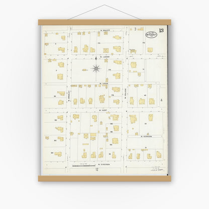 Old map wall art mockup — magnetic wood frame on white wall — Sanborn Fire Insurance Map from McKinney, Collin County, Texas (1908), Sheet #0013