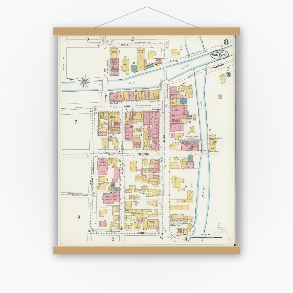 Old map wall art mockup — magnetic wood frame on white wall — Sanborn Fire Insurance Map from Fort Plain, Montgomery County, New York (1906), Sheet #0008
