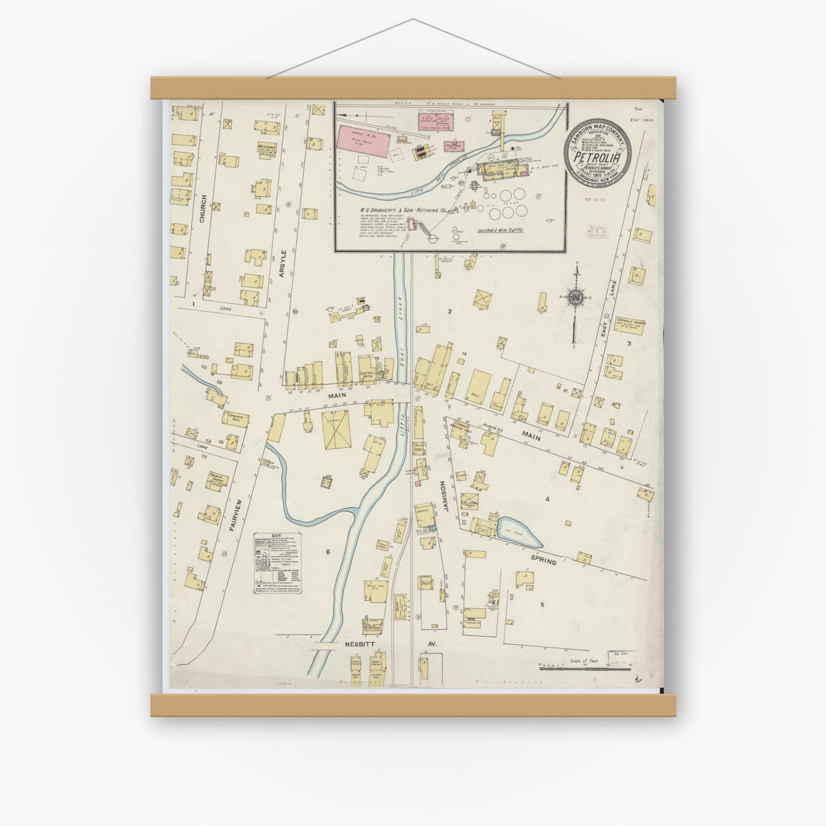 Old map wall art mockup — magnetic wood frame on white wall — Sanborn Fire Insurance Map from Petrola, Butler County, Pennsylvania (1910), Sheet #0001