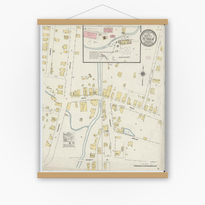 Old map wall art mockup — magnetic wood frame on white wall — Sanborn Fire Insurance Map from Petrola, Butler County, Pennsylvania (1910), Sheet #0001