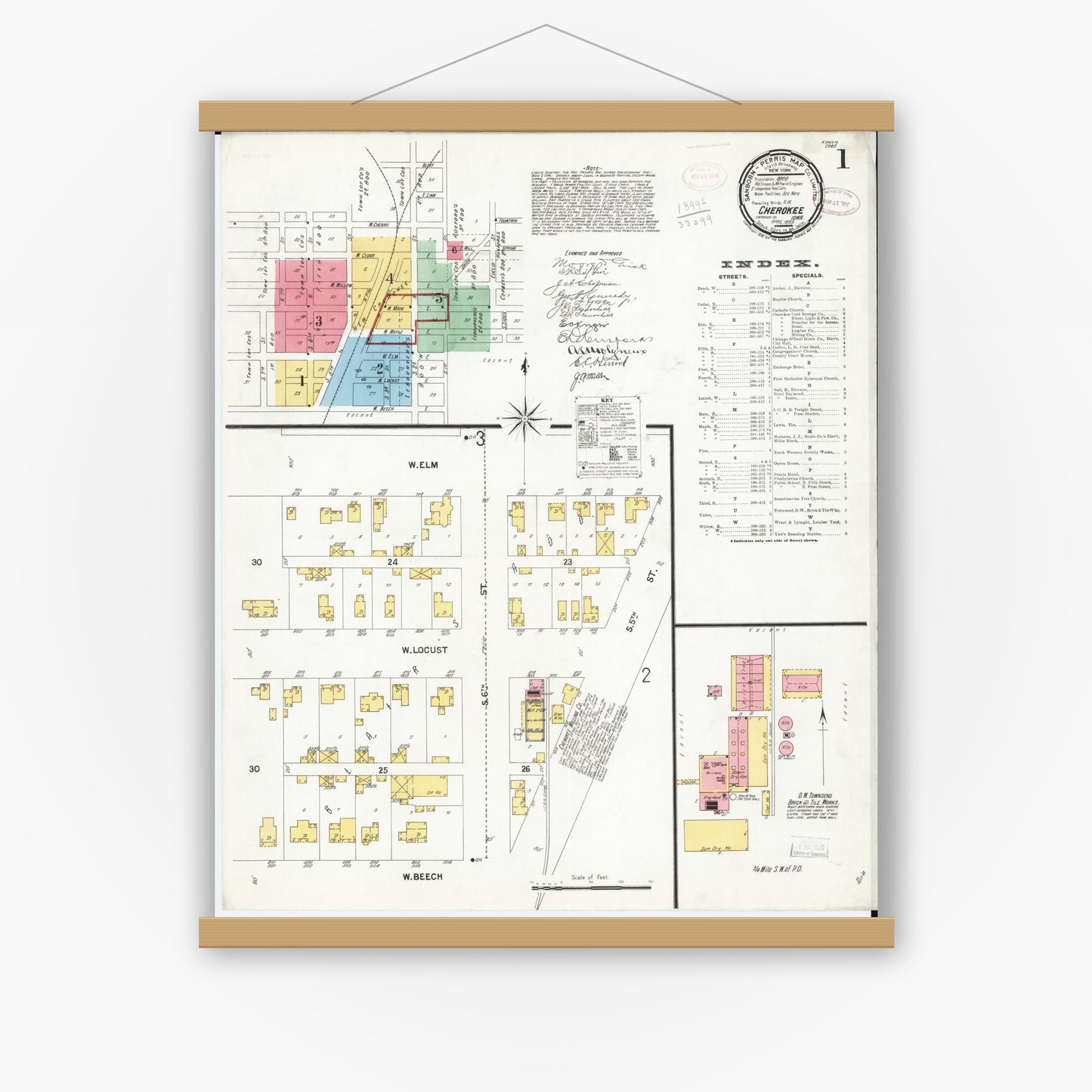 Old map wall art mockup — magnetic wood frame on white wall — Sanborn Fire Insurance Map from Cherokee, Cherokee County, Iowa (1899), Sheet #0001