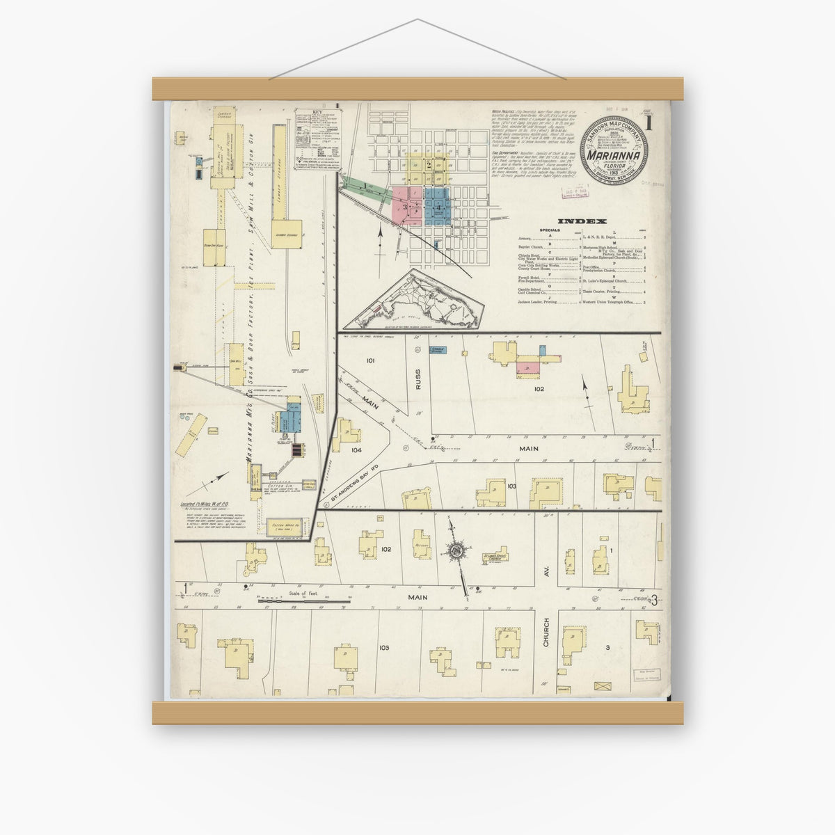 Old map wall art mockup — magnetic wood frame on white wall — Sanborn Fire Insurance Map from Marianna, Jackson County, Florida (1913), Sheet #0001