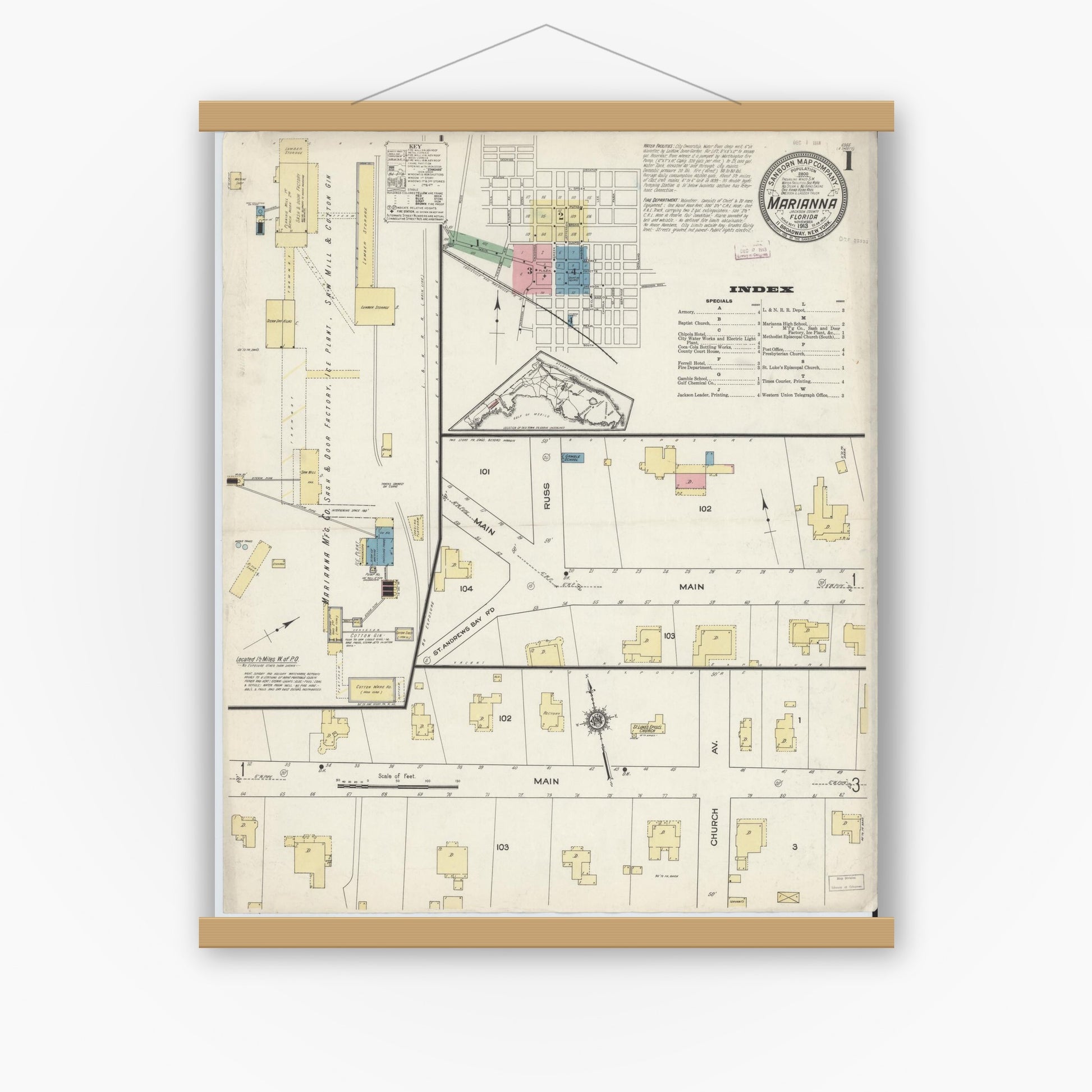 Old map wall art mockup — magnetic wood frame on white wall — Sanborn Fire Insurance Map from Marianna, Jackson County, Florida (1913), Sheet #0001