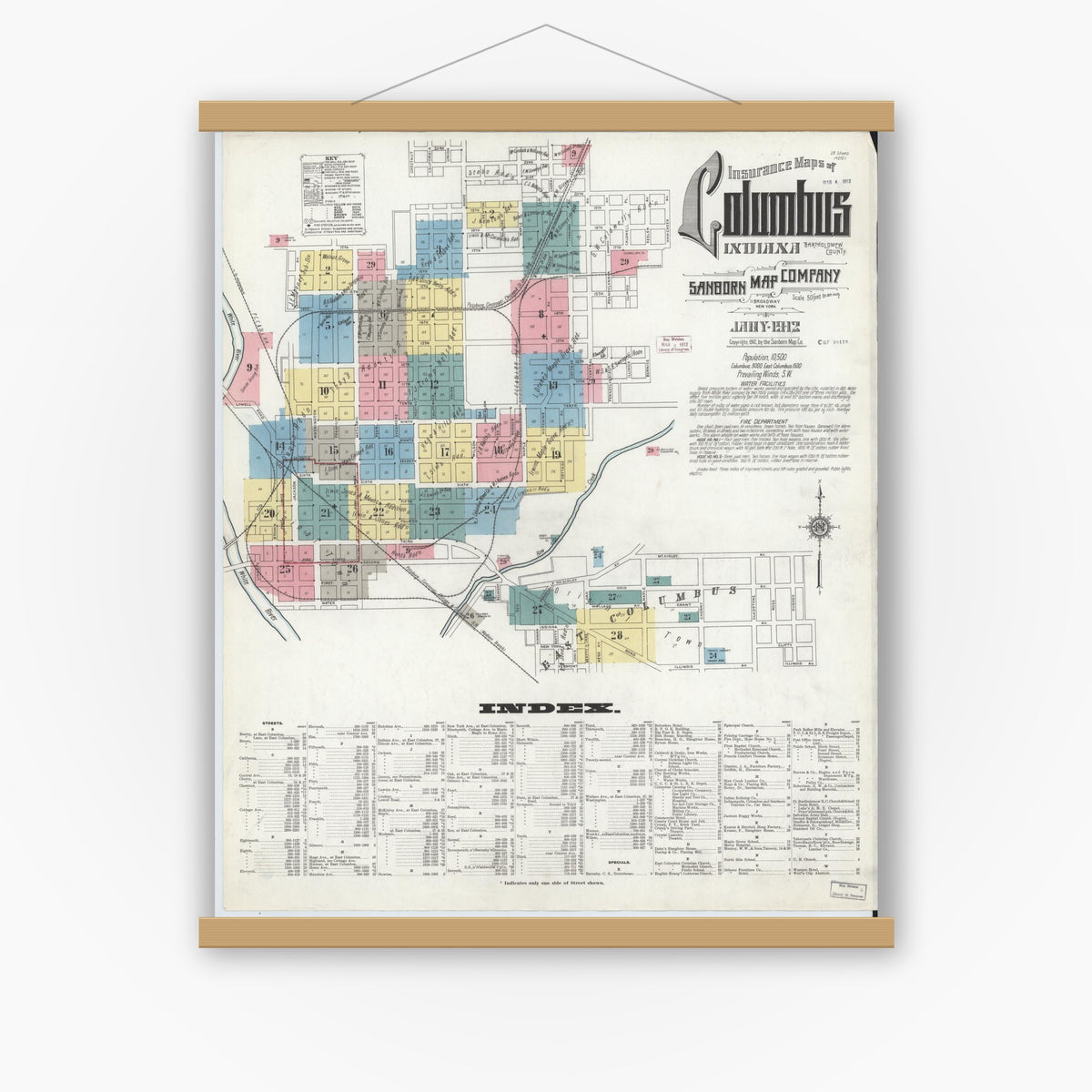 Old map wall art mockup — magnetic wood frame on white wall — Sanborn Fire Insurance Map from Columbus, Bartholomew County, Indiana (1912) - Complete Map Set
