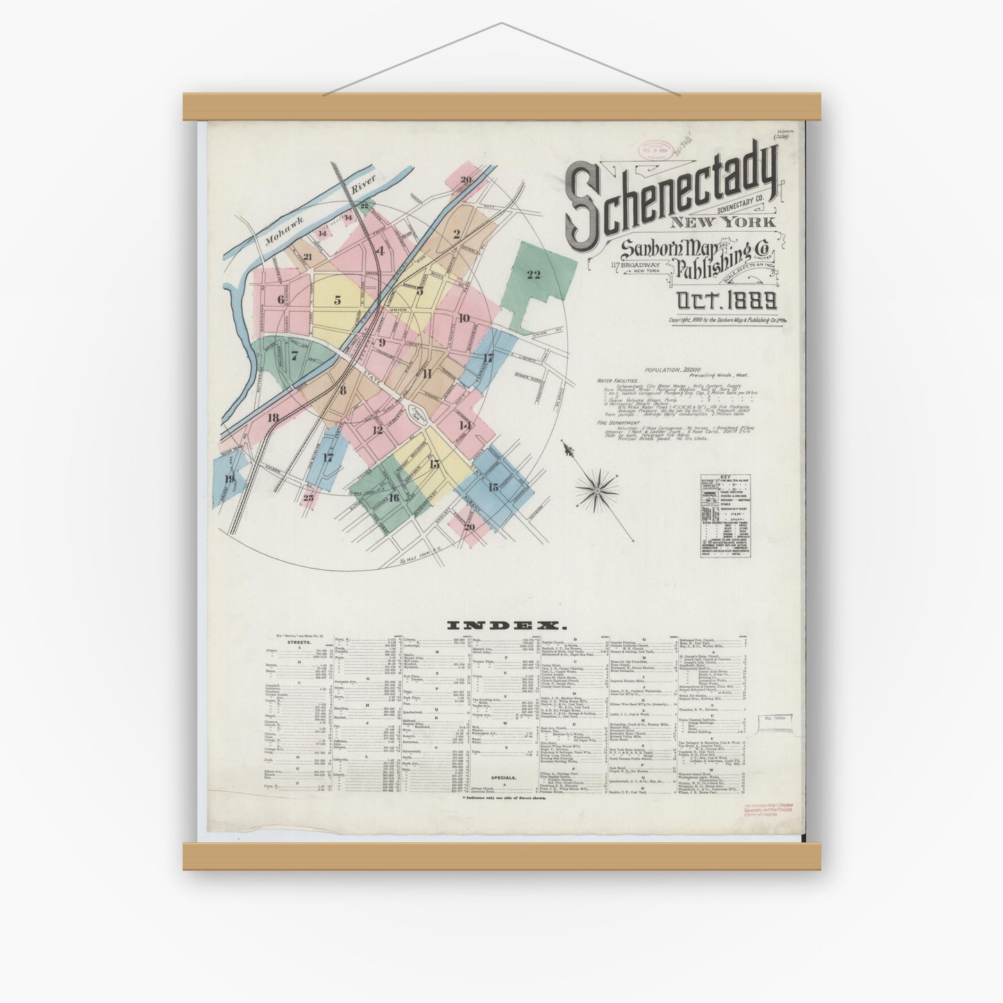 Old map wall art mockup — magnetic wood frame on white wall — Sanborn Fire Insurance Map from Schenectady, Schenectady County, New York (1889) - Complete Map Set