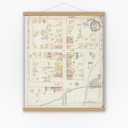 Old map wall art mockup — magnetic wood frame on white wall — Sanborn Fire Insurance Map from Flushing, Genesee County, Michigan (1893) - Complete Map Set
