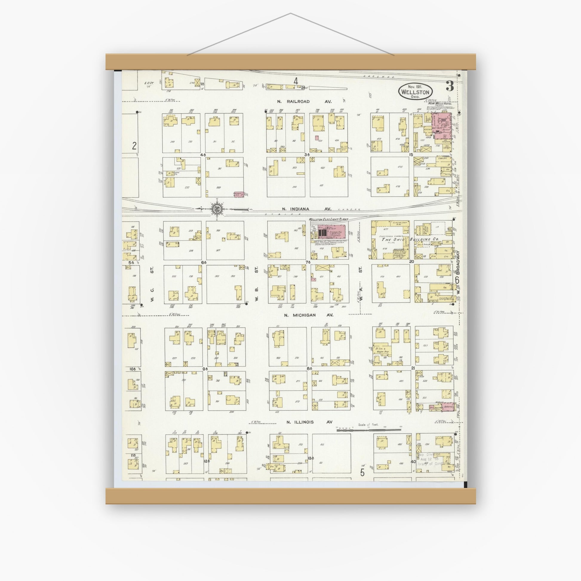 Old map wall art mockup — magnetic wood frame on white wall — Sanborn Fire Insurance Map from Wellston, Jackson County, Ohio (1911), Sheet #0003