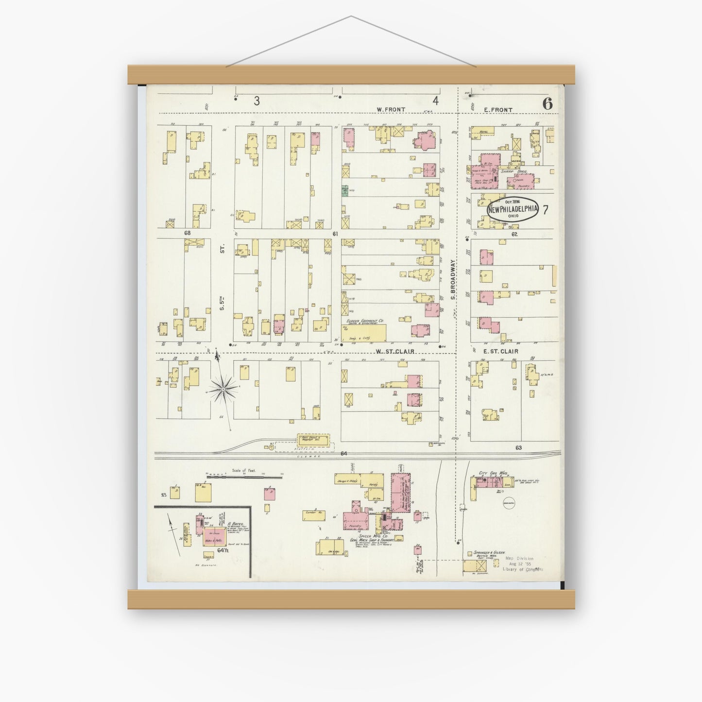 Old map wall art mockup — magnetic wood frame on white wall — Sanborn Fire Insurance Map from New Philadelphia, Tuscarawas County, Ohio (1896), Sheet #0006