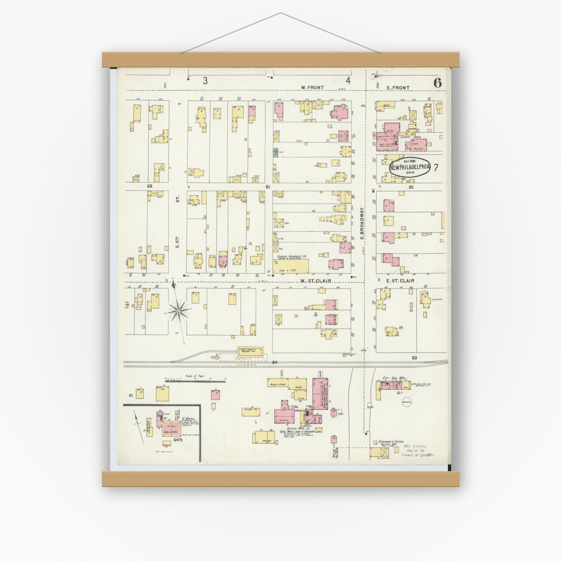 Old map wall art mockup — magnetic wood frame on white wall — Sanborn Fire Insurance Map from New Philadelphia, Tuscarawas County, Ohio (1896), Sheet #0006