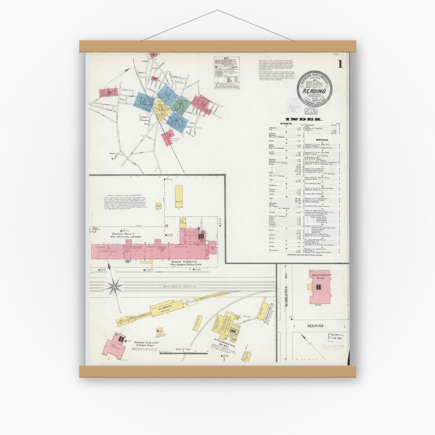 Old map wall art mockup — magnetic wood frame on white wall — Sanborn Fire Insurance Map from Reading, Middlesex County, Massachusetts (1903) - Complete Map Set