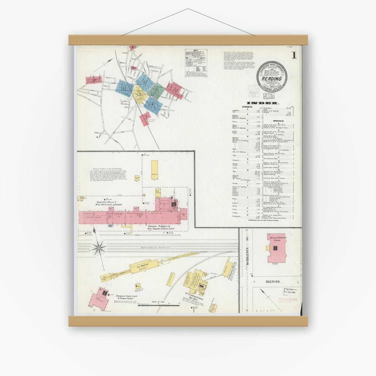 Old map wall art mockup — magnetic wood frame on white wall — Sanborn Fire Insurance Map from Reading, Middlesex County, Massachusetts (1903) - Complete Map Set
