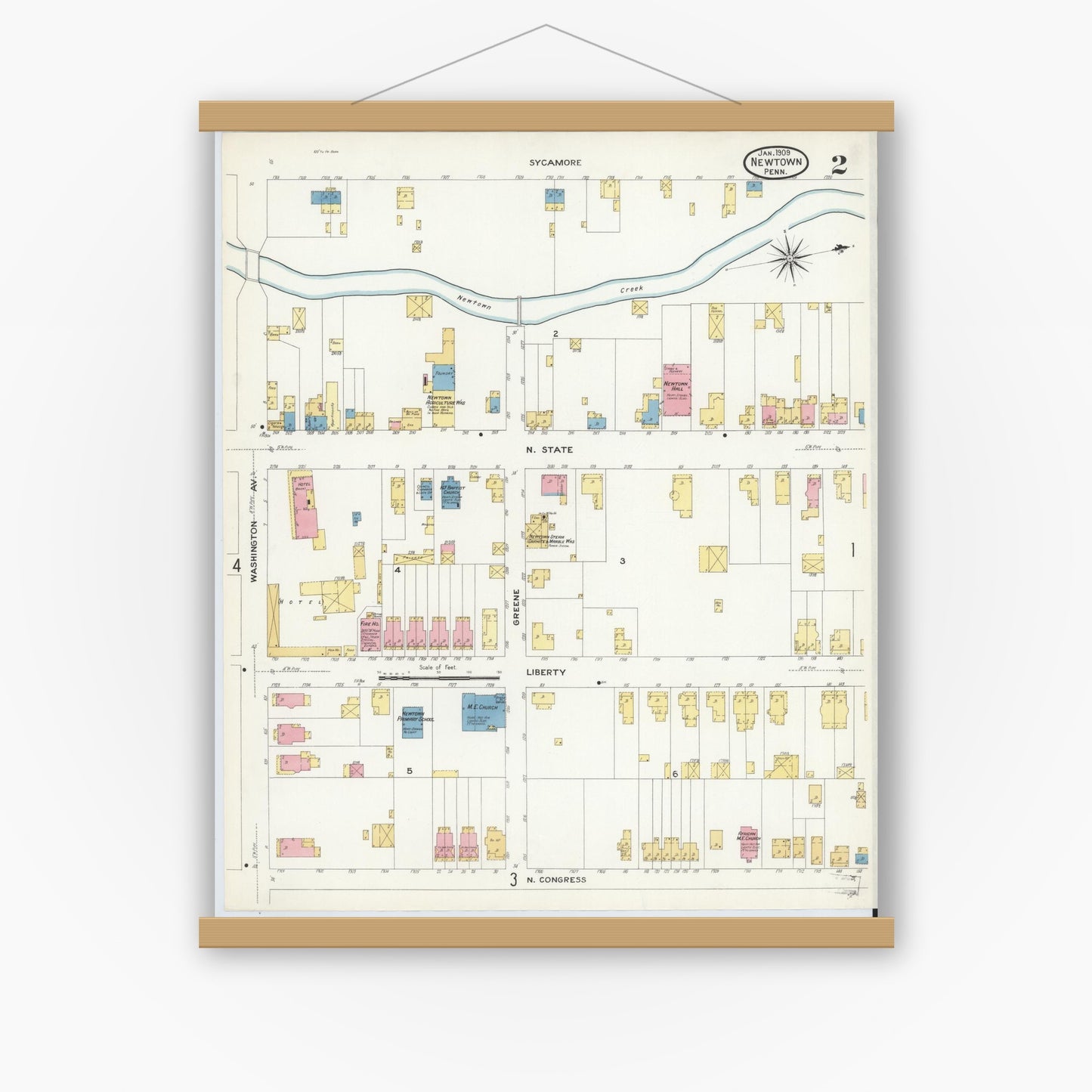 Old map wall art mockup — magnetic wood frame on white wall — Sanborn Fire Insurance Map from Newtown, Bucks County, Pennsylvania (1909), Sheet #0002