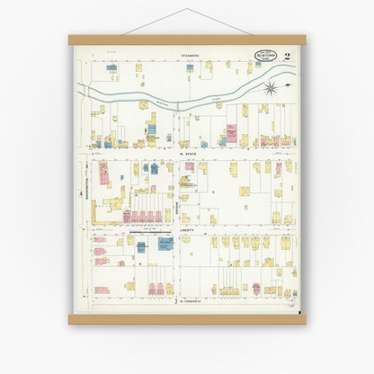 Old map wall art mockup — magnetic wood frame on white wall — Sanborn Fire Insurance Map from Newtown, Bucks County, Pennsylvania (1909), Sheet #0002