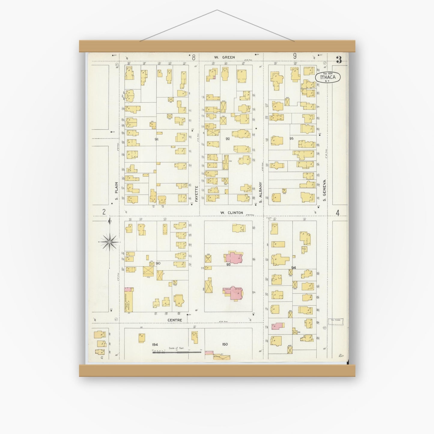 Old map wall art mockup — magnetic wood frame on white wall — Sanborn Fire Insurance Map from Ithaca, Tompkins County, New York (1904), Sheet #0003