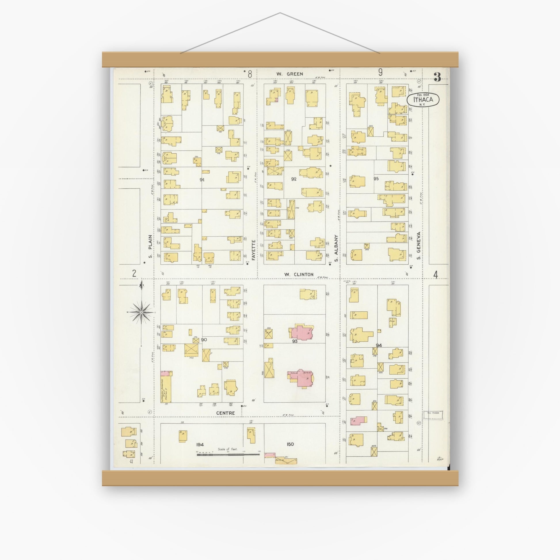 Old map wall art mockup — magnetic wood frame on white wall — Sanborn Fire Insurance Map from Ithaca, Tompkins County, New York (1904), Sheet #0003